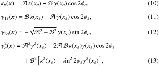 \begin{eqnarray} &&\kappa_\varepsilon(\vec{x})=\mathcal{A}\,\kappa(x_\varepsilon) -\mathcal{B}\,\gamma(x_\varepsilon)\cos{2\phi_\varepsilon} \label{kappa_pnfw},\\[2.5mm] &&\gamma_{1\varepsilon}(\vec{x}) = \mathcal{B}\,\kappa(x_\varepsilon)-\mathcal{A}\, \gamma(x_\varepsilon)\cos{2\phi_\varepsilon}, \\[2.5mm] &&\gamma_{2\varepsilon}(\vec{x}) = -\sqrt{\mathcal{A}^2-\mathcal{B}^2}\, \gamma(x_\varepsilon)\sin{ 2\phi_\varepsilon},\\[2.5mm] &&\gamma_\varepsilon^2(\vec{x}) = \mathcal{A}^2\gamma^2(x_\varepsilon)-2\mathcal{A}\, \mathcal {B}\, \kappa(x_\varepsilon)\gamma(x_\varepsilon)\cos{2\phi_\varepsilon} \nonumber \\[2.5mm] & & \phantom{\gamma_\varepsilon^2(\vec{x})~~~~~} +\mathcal{B}^2\left[\kappa^2(x_\varepsilon)-\sin^2{2\phi_\varepsilon} \gamma^2(x_\varepsilon) \right]\label{gamma_pnfw}, \end{eqnarray}