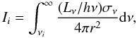 \begin{equation} I_i=\int_{\nu_i}^\infty\frac{(L_\nu/h\nu)\sigma_\nu }{4\pi r^2}{\rm d}\nu, \label{eq:irate} \end{equation}