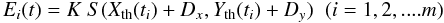 \begin{equation} \label{CondEq} E_i(t)= K\ S(X_{\rm th}(t_i)+D_x,Y_{\rm th}(t_i)+D_y) \;\; (i=1, 2,....m) \end{equation}