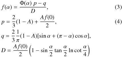 \begin{eqnarray} \label{falpha} &&f(\alpha)=\frac{\Phi(\alpha) \; p - q }{D} , \\ \label{palbedo} && p= \frac{2}{3}(1-A)+\frac{Af(0)}{2} , \\ && q= \frac{2}{3} \frac{1}{\pi}(1-A)[\sin\alpha+(\pi-\alpha)\cos\alpha] ,\nonumber \\ \nonumber &&D=\frac{Af(0)}{2}\left(1-\sin\frac{\alpha}{2}\tan\frac{\alpha}{2}\ln\cot\frac{\alpha}{4}\right) \end{eqnarray}