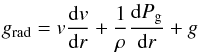 \begin{equation} g_{\rm rad} = v {{\rm d}v \over {\rm d}r} + {1 \over \rho}{{\rm d}P_{\rm g} \over {\rm d}r} +g \label{eq_mom} \end{equation}