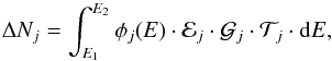 \begin{equation} \label{Eq::DetectorModel} \Delta N_{j} = \int_{E_{1}}^{E_{2}} \phi_{j}(E)\cdot \mathcal{E}_{j} \cdot \mathcal{G}_{j} \cdot \mathcal{T}_{j}\cdot {\rm d}E, \end{equation}