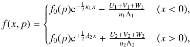\begin{equation} \label{Eq::FullSolutionUSDS} f(x,p) = \begin{cases} f_{0}(p) {\rm e}^{-\frac{1}{2}\kappa_{1}x} - \frac{U_{1} + V_{1} + W_{1}}{u_{1} \Lambda_{1}} & (x<0),\\ \\ f_{0}(p) {\rm e}^{+\frac{1}{2}\lambda_{2}x} + \frac{U_{2} + V_{2} + W_{2}}{u_{2} \Lambda_{2}} & (x>0), \end{cases} \end{equation}