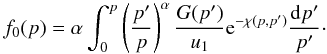 \begin{equation} \label{Eq::FullSolutionAtShockFront} f_{0}(p) = \alpha \int_{0}^{p} \left( \frac{p^{\prime}}{p} \right)^{\alpha} \frac{G(p^{\prime})}{u_{1}} {\rm e}^{-\chi(p,p^{\prime})} \frac{{\rm d}p^{\prime}}{p^{\prime}} \cdot \end{equation}
