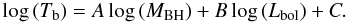 \begin{equation} \label{eqn:mchardy1} \log\,(T_{\rm b}) = A \log\,(M_{\rm BH}) + B \log\,(L_{\rm bol}) + C. \end{equation}