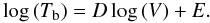 \begin{equation} \label{eqn:Tfwhm} \log\,(T_{\rm b}) = D \log\,(V) + E. \end{equation}