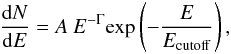 \begin{equation} \frac{{\rm d}N}{{\rm d}E}=A\: E^{-\Gamma}\mathrm{exp}\left(-\frac{E}{E_{\mathrm{cutoff}}}\right), \end{equation}