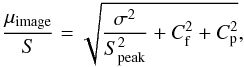 \begin{equation} \frac{\mu_{\rm image}}{S}=\sqrt{\frac{\sigma^2}{S_{\rm peak}^2}+C_{\rm f}^2+C_{\rm p}^2}, \label{rmsError} \end{equation}