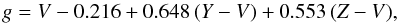 \begin{equation} g = V - 0.216 + 0.648\,(Y-V) + 0.553\,(Z-V), \end{equation}