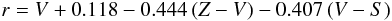 \begin{equation} r = V + 0.118 - 0.444\,(Z-V) - 0.407\,(V-S) \end{equation}