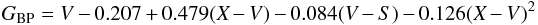 \begin{equation} G_{\rm BP} = V - 0.207 + 0.479(X-V) - 0.084(V-S) - 0.126(X-V)^2\! \end{equation}