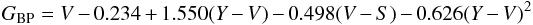 \begin{equation} G_{\rm BP} = V - 0.234 + 1.550(Y-V) - 0.498(V-S) - 0.626(Y-V)^2 \end{equation}