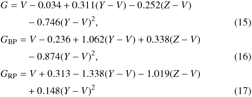 \begin{eqnarray} &&G = V - 0.034 + 0.311(Y-V) - 0.252(Z-V) \nonumber \\[1mm] && ~~\qquad - 0.746(Y-V)^2, \\[1mm] &&G_{\rm BP} = V - 0.236 + 1.062(Y-V) + 0.338(Z-V) \nonumber \\[1mm] && ~~\qquad - 0.874(Y-V)^2, \\[1mm] && G_{\rm RP} = V + 0.313 - 1.338(Y-V) - 1.019(Z-V) \nonumber \\[1mm] && ~~\qquad + 0.148(Y-V)^2 \end{eqnarray}