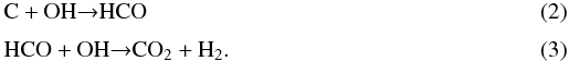 \begin{eqnarray} &&\rm O_{2}+C {\rightarrow}CO+O \\[1mm] &&\rm CO+O {\rightarrow} CO_{2}. \end{eqnarray}