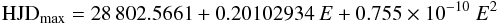 \begin{equation} {\rm HJD}_{\max} = 28\,802.5661 + 0.20102934~E + 0.755\times10^{-10}~E^{2} \end{equation}