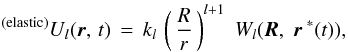\begin{eqnarray} ^{\rm (elastic)}U_{\it{l}}(\erbold,\,t)\,=\,k_l\,\left(\,\frac{R}{r}\,\right)^{{\it l}+1}\;W_{\it{l}}(\eRbold,\;\erbold^{\;*}(t)), \label{5} \end{eqnarray}