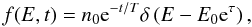 \begin{equation} f(E, t) = n_0 {\rm e}^{-t/T} \delta \left(E - E_0 {\rm e}^{\tau} \right), \label{eq-5} \end{equation}