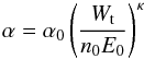 \begin{equation} \alpha = \alpha_0 \left(\frac{W_\mathrm{t}}{n_0 E_0} \right)^{\kappa} \label{eq-kappa} \end{equation}