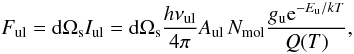 \appendix \setcounter{section}{1} \begin{equation} \label{eq:rotbas} F_{\rm ul} = {\rm d}\Omega_{\rm s} I_{\rm ul} = {\rm d}\Omega_{\rm s} \frac{h\nu_{\rm ul}}{4\pi} A_{\rm ul} \, N_{\rm mol} \frac{g_{\rm u} {\rm e}^{-E_{\rm u}/k T}}{Q(T)}, \end{equation}