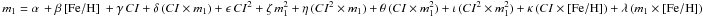 \hbox{$m_1 = \alpha\, + \beta\,\feh\ + \gamma\, CI + \delta\, (CI \times m_1) + \epsilon\, CI^2 + \zeta\, m_1^2 + \eta\, (CI^2 \times m_1) + \theta\, (CI \times m_1^2) + \iota\, (CI^2 \times m_1^2) + \kappa\, (CI \times \feh) + \lambda\, (m_1 \times {\rm [Fe/H]})$}