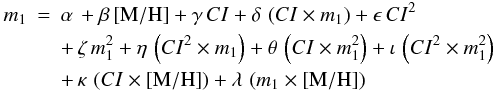 \begin{eqnarray*} m_1 &=& \alpha\, + \beta\,\mh + \gamma\, CI +\delta\, \left(CI \times m_1\right) + \epsilon\, CI^2 \\ &&+\, \zeta\, m_1^2 + \eta\, \left(CI^2 \times m_1\right) + \theta\, \left(CI \times m_1^2\right) + \iota\, \left(CI^2 \times m_1^2\right) \\ &&+\, \kappa\, \left(CI \times \mh\right) + \lambda\, \left(m_1 \times \mh\right) \end{eqnarray*}
