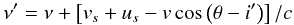 \begin{equation} \label{5} \nu' = \nu + \left[v_s + u_s - v\cos{\left(\theta-i'\right)}\right]/c \end{equation}