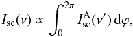 \begin{equation} I_{\rm sc}(\nu) \propto \int_0^{2\pi} I^{\rm A}_{\rm sc}(\nu')\,{\rm d}\varphi, \end{equation}