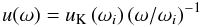 \begin{equation} u(\omega) = u_{\rm K}\left(\omega_i\right)\left(\omega/\omega_i\right)^{-1} \end{equation}