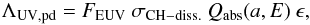 \begin{equation} \Lambda_{\rm UV,pd} = F_{\rm EUV} \ \sigma_{\rm CH-diss.} \ Q_{\rm abs}(a,E) \ \epsilon, \label{eq_UV_dehyd_rate} \end{equation}