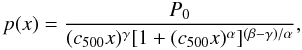\begin{equation} p(x) = \frac{P_0}{(c_{500} x)^{\gamma}[1 + (c_{500} x)^{\alpha}]^{(\beta - \gamma)/\alpha}}, \end{equation}