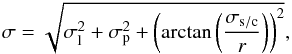 \begin{equation} \sigma = \sqrt{{\sigma}^{2}_{\rm l} + {\sigma}^{2}_{\rm p} + \left(\arctan\left(\frac{{\sigma}_{\rm s/c}}{r}\right)\right)^{2}} , \label{eq1} \end{equation}