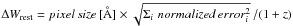 \hbox{$\Delta W_{\rm rest}=pixel\,size\,\mbox{[\AA{}]} \times \sqrt{\Sigma_i\,\,normalized\,error_i^2}\,/(1+z)$}