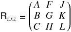 \begin{equation} \label{eq_rot_matrix_comp} \rotmzxz \defby \pmatrxiii{ A & F & J\\ B & G & K\\ C & H & L } \end{equation}