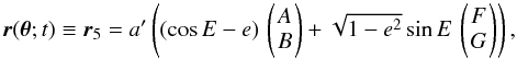 \begin{equation} \label{eq_pos_star_S_five} \mdlFctAM{\vPar}{\tm} \defby \AMPosNum{5} = \PMaApp\left((\cos\EA-\PMe)\, \pmatrxi{ A\\ B }+\sqrt{1-\PMe^2}\sin\EA\, \pmatrxi{ F\\ G }\right), \end{equation}