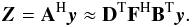 \begin{equation} \label{eq:matrix-algo-adjoint} \vec{Z} = {\bf A}^\mathrm{H}\vec{y} \approx {\bf D}^{\rm T}{\bf F}^{\rm H}{\bf B}^{\rm T}\vec{y}. \end{equation}