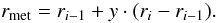 \begin{equation} r_{\rm met} = r_{i-1} + y\cdot(r_i - r_{i-1}). \end{equation}