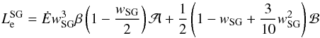 \begin{equation} \begin{gathered} L_\mathrm{e}^{\rm SG} = \dot {E} w_\mathrm{SG}^3 \beta \left(1 - {w_\mathrm{SG}\over 2}\right) \mathcal{A} +{1\over 2}\left(1-w_\mathrm{SG} + {3 \over 10} w_\mathrm{SG}^2\right) \mathcal{B} \end{gathered}\label{eqn:Lghigh} \end{equation}