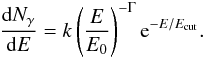 \begin{equation} \label{enflxtoint} \frac{{\rm d}N_{\gamma}}{{\rm d}E}=k\left(\frac{E}{E_0}\right)^{-\Gamma} {\rm e}^{-E/E_\mathrm{cut}}. \end{equation}