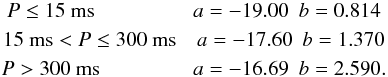 \begin{equation} \begin{gathered} \label{death2} P\le15~\mathrm{ms}~~~~~~~~~~~~~~~~~~~a=-19.00~~b=0.814\\ 15~\mathrm{ms}< P\le300~\mathrm{ms} ~~~~a=-17.60~~b=1.370\\ P>300~\mathrm{ms}~~~~~~~~~~~~~~~~~~a=-16.69~~b=2.590. \end{gathered} \end{equation}