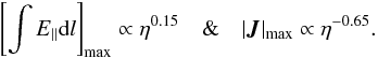 \begin{equation} \left[\int E_{\parallel} {\rm d}l\right]_{\max}\propto \eta^{0.15} \quad \& \quad |\vec{J}|_{\max} \propto \eta^{-0.65}. \end{equation}