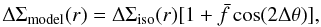 \begin{equation} \Delta \Sigma_{\rm{model}} (r) = \Delta \Sigma_{\rm{iso}} (r)[1+\bar{f} \cos(2\Delta \theta)], \label{eq_dsmodsimp} \end{equation}