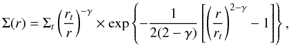 \begin{equation} % \Sigma(r)=\Sigma_t \left( \frac{r_t}{r}\right)^{-\gamma}\times \exp \left\{-\frac{1}{2(2-\gamma)} \left[ \left(\frac{r}{r_t}\right)^{2-\gamma}-1\right]\right\}, \label{eq8} \end{equation}