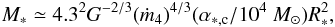 \begin{eqnarray} M_* \simeq 4.3^{2} G^{-2/3} (\dot{m}_4) ^{4/3} (\alpha_{*,\rm c} / 10^4 ~M_\odot) R_* ^{2}, \label{3accret_M_R} \end{eqnarray}