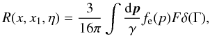 \appendix \setcounter{section}{1} \begin{equation} R(x,x_1,\eta) = \frac{3}{16\pi} \int \frac{\rmd \vecp}{\gamma} \fe(p) F \delta(\Gamma), \label{eq:rf_spe} \end{equation}