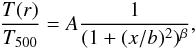 \begin{eqnarray} \label{powlaw} \frac{T(r)}{T_{500}}=A \frac{1}{(1+(x/b)^2)^{\beta}}, \end{eqnarray}
