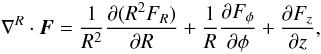 \appendix \setcounter{section}{1} \begin{equation} \nabla^R\cdot\vec{F} = \frac{1}{R^2}\pd{(R^2F_R)}{R} + \frac{1}{R}\pd{F_\phi}{\phi} + \pd{F_z}{z} , \end{equation}