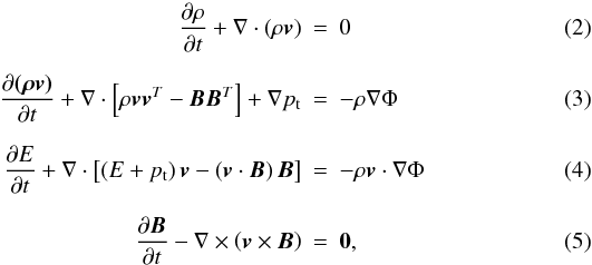 \begin{eqnarray} \label{eq:mhd_rho} \DS \pd{\rho}{t} + \nabla\cdot\left(\rho\vec{v}\right) &=& 0 \\ \noalign{\medskip} \label{eq:mhd_mom} \DS \pd{\vec{(\rho\vec{v})}}{t} + \nabla\cdot\left[ \rho\vec{v}\vec{v}^T - \vec{B}\vec{B}^T\right] + \nabla p_{\rm t}&=& -\rho\nabla\Phi \\ \noalign{\medskip}\label{eq:mhd_E} \DS \pd{E}{t} + \nabla\cdot\left[ \left(E + p_{\rm t}\right)\vec{v} - \left(\vec{v}\cdot\vec{B}\right)\vec{B}\right]& =& -\rho\vec{v}\cdot\nabla\Phi \\ \noalign{\medskip}\label{eq:mhd_B} \DS \pd{\vec{B}}{t} - \nabla\times\left(\vec{v}\times\vec{B}\right) &=& \vec{0} , \end{eqnarray}