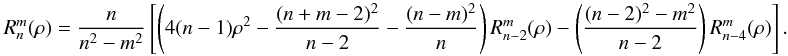 \appendix \setcounter{section}{1} \begin{equation} \label{eq:zern_rad3} R_n^m(\rho)=\frac{n}{n^2-m^2}\left[\left( 4(n-1)\rho^2 -\frac{(n+m-2)^2}{n-2}-\frac{(n-m)^2}{n}\right)R_{n-2}^m(\rho) - \left( \frac{(n-2)^2-m^2}{n-2}\right)R_{n-4}^m(\rho)\right]. \end{equation}