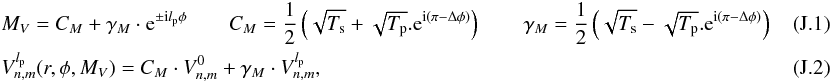 \appendix \setcounter{section}{10} \begin{eqnarray} \label{imprefect_mask} &&M_V=C_M + \gamma_M \cdot {\rm e}^{\pm {\rm i} l_{\rm p}\phi} \qquad C_M= \frac{1} {2} \left(\sqrt{T_{\rm s}}+\sqrt{T_{\rm p}}.{\rm e}^{{\rm i}(\pi-\Delta\phi)}\right) \qquad \gamma_M = \frac{1} {2} \left(\sqrt{T_{\rm s}}-\sqrt{T_{\rm p}}.{\rm e}^{{\rm i}(\pi-\Delta\phi)}\right)~~~~~~~~~~~ \\ &&V_{n,m}^{l_{\rm p}}(r,\phi,M_V)=C_M \cdot V_{n,m}^{0} + \gamma_M \cdot V_{n,m}^{l_{\rm p}} , \end{eqnarray}