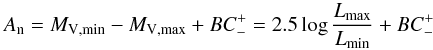 \begin{equation} \An=\Vmin-\Vmax+BC_-^+=2.5\log\frac{L_{\rm max}}{L_{\rm min}}+BC_-^+ \label{eq:An1} \end{equation}